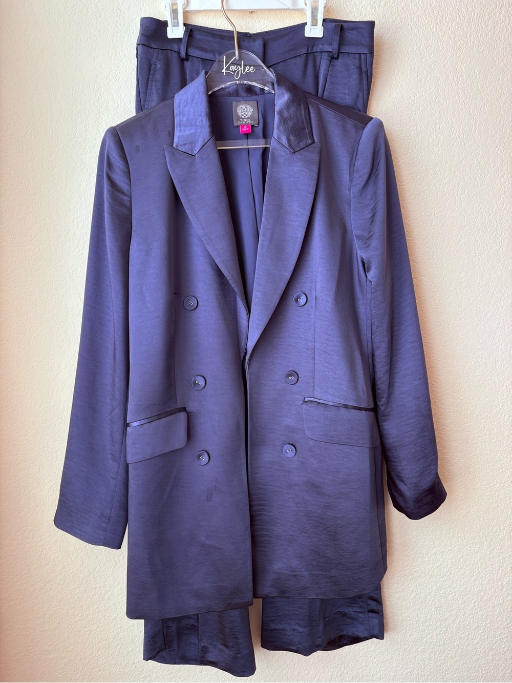 Vince Camuto Double-Breasted Navy Satin Blazer & Pants